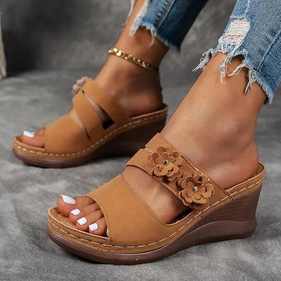 Mode Retro Blomma Dekor Kilklackssandaler för Kvinnor Plus Size Tjock Sula Chunky Platåtofflor Sommar Komfort Halkfria Strandskor