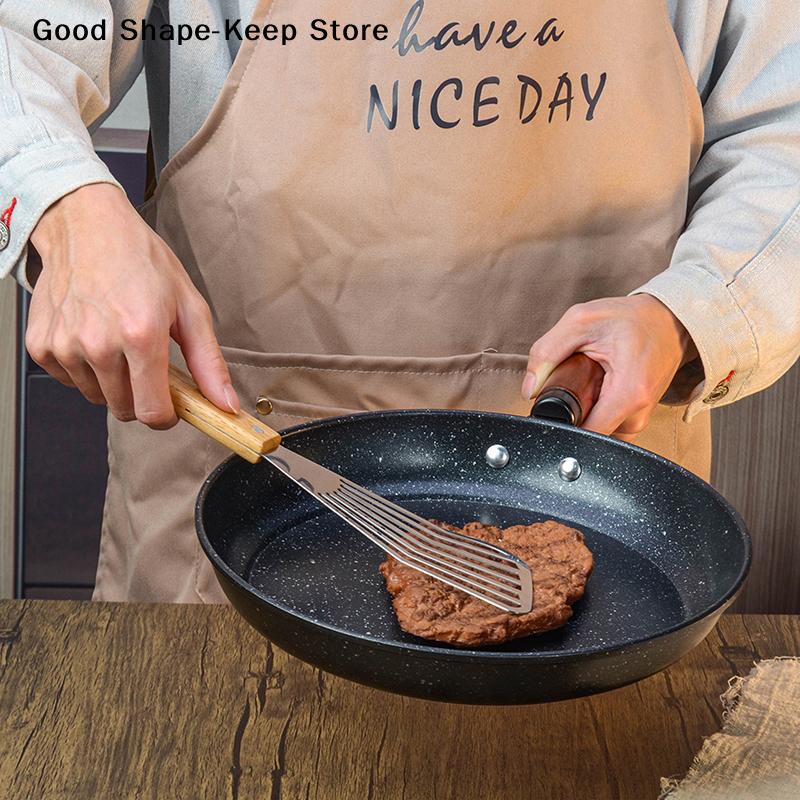 Stainless Steel Slotted Turner Fish Frying Shovel High-temperature Frying Shovel With Wooden Handle Fan-shaped Shovel Household