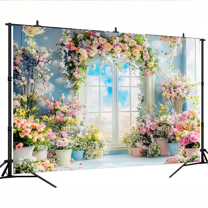 2D Colorful Pastel Flower Backdrop with Arched Window and Floral Arrangements