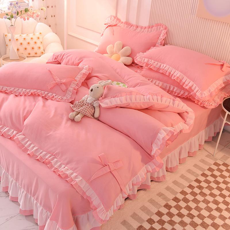 

Korean Princess Style Four-piece Set Thickened Brushed Quilt Cover Non-slip Protection Bedspread Cover Ruffled Bed Skirt Style 1.5m four-piece set