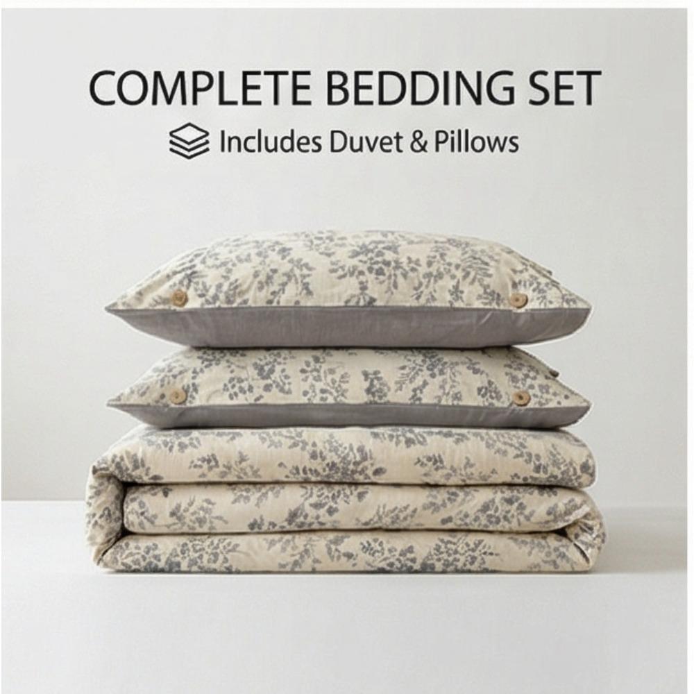 Pure Cotton Four-piece Set - Retro Floral Buttoned Bed Sheets and Pillowcases Set