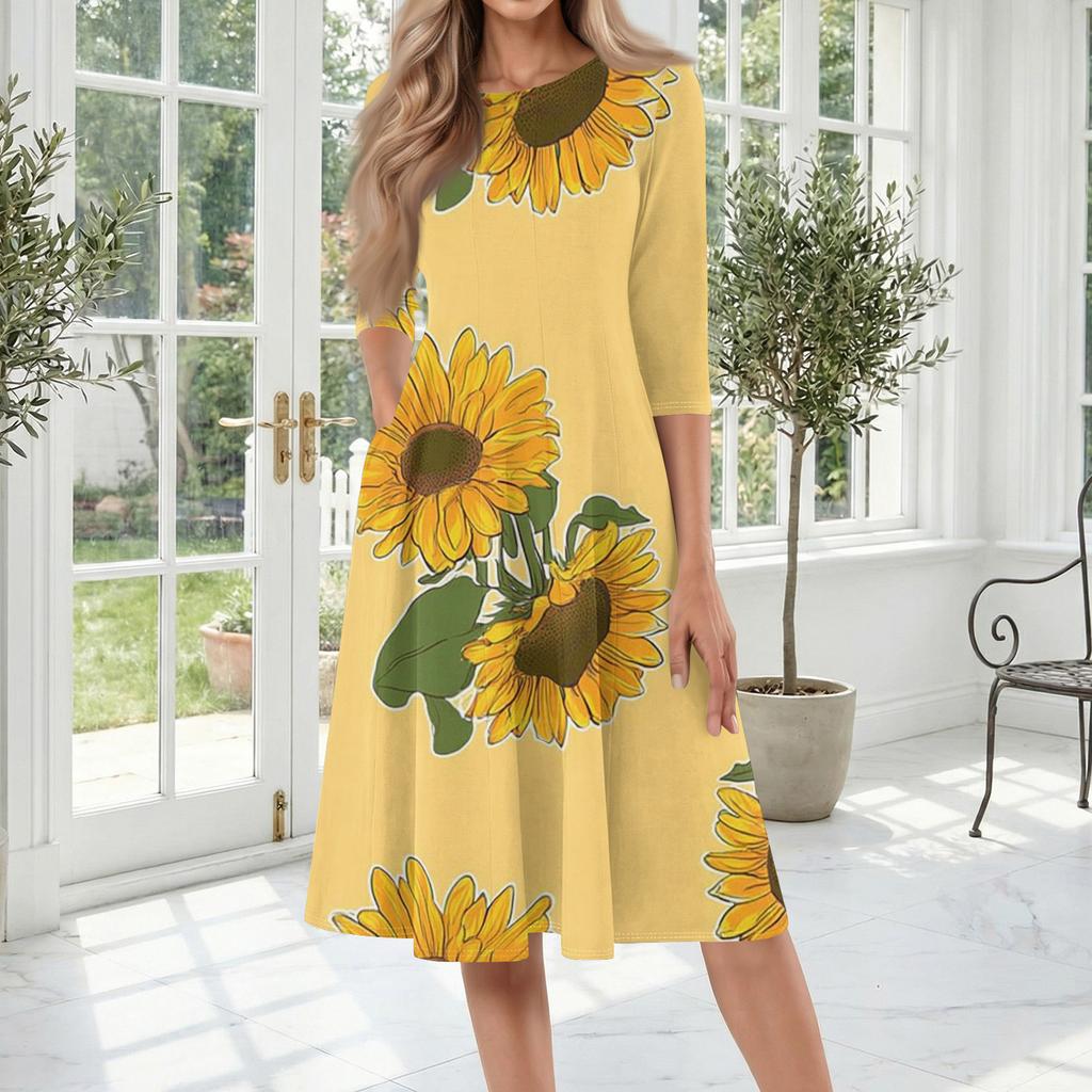 Women's Casual Fashion Round Neck Three Quarter Sleeve Printed Midi Dress