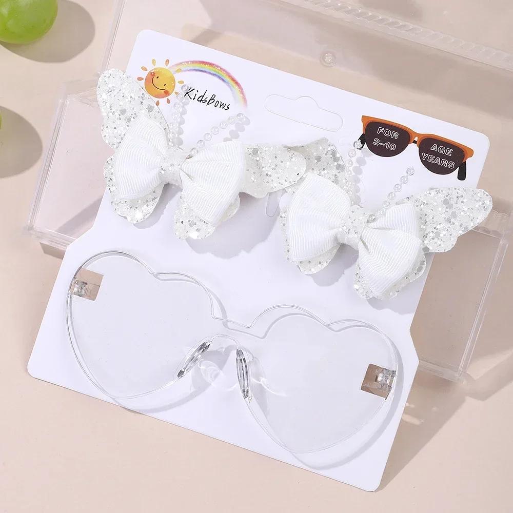 3Pcs/Card Glitter Butterfly Hair Clips Sunglasses for Girls Sparkling Kids Bows Hairpins Sun Glasses Cute Hair Accessories Set