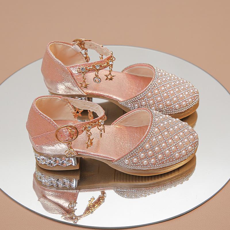 

Girls High Heeled Shoes for Wedding Party Glitter Rhinestone Pendants Shiny Glitter Fashion Princess Kids Leather Dress Shoes 35 рожевий