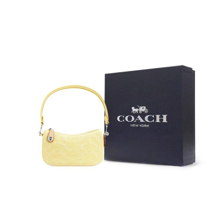 New COACH Swinger Denim With Leather Crescent Bag, Handbag, Shoulder Bag Women's Yellow CJ939-LHPWE
