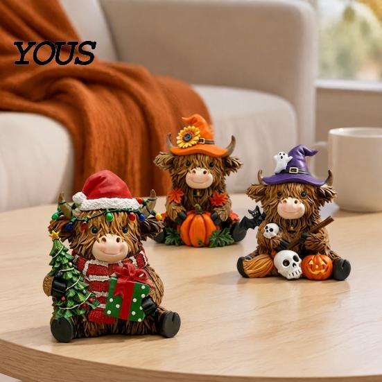 Minimalist Office Desk Decor 3Pcs Highland Cow Figurine, Resin Yak Statues for Thanksgiving Christmas, Creative Decorations Farmhouse Tabletop