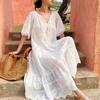 Spring and summer new white dress women's short-sleeved southern French holiday dress hollow beach dress long dress women's clothing
