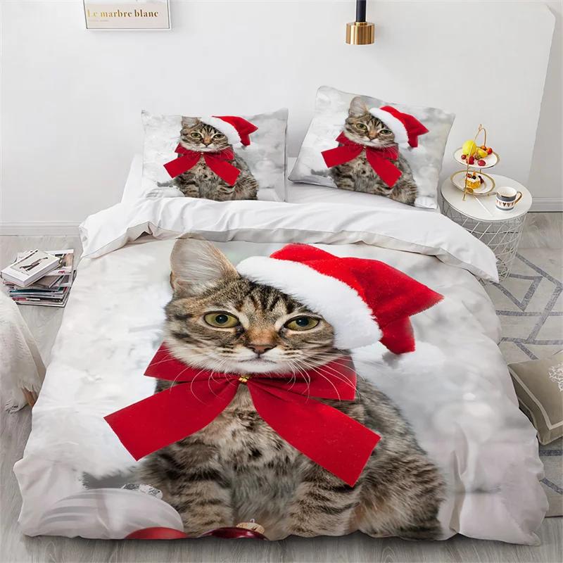 Cat Merry Christmas Santa Claus Bedding Set Boys Girls Twin Queen Size Duvet Cover Pillowcase Bed Kids Adult Home Textileextile
