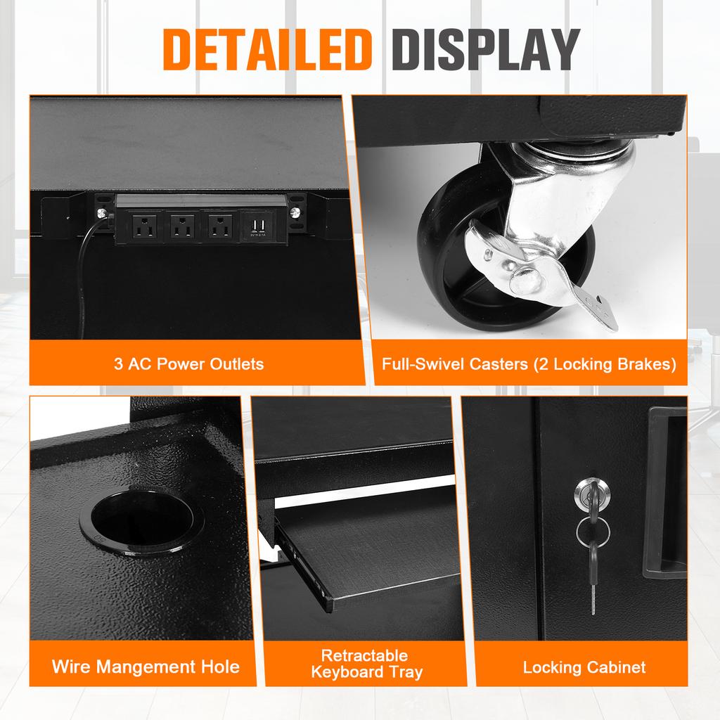 Large AV Cart with Locking Cabinet Rolling Media Cart with Pullout Keyboard Tray & Cord Management for Computer Laptop Projector