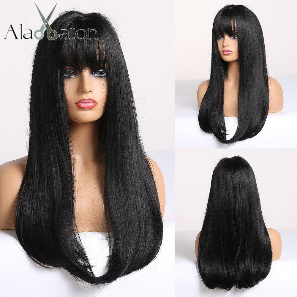 ALAN EATON L Long Straight Wigs Ombre Brown Synthetic Wigs for Women Natural Wigs with Bangs Cosplay Heat Resistant Hair