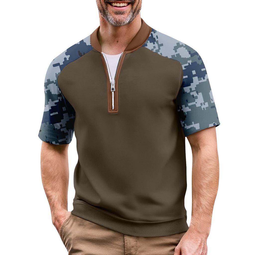 Pánské letní maskáčové ležérní tričko sportovní prodyšné s límcem na zip