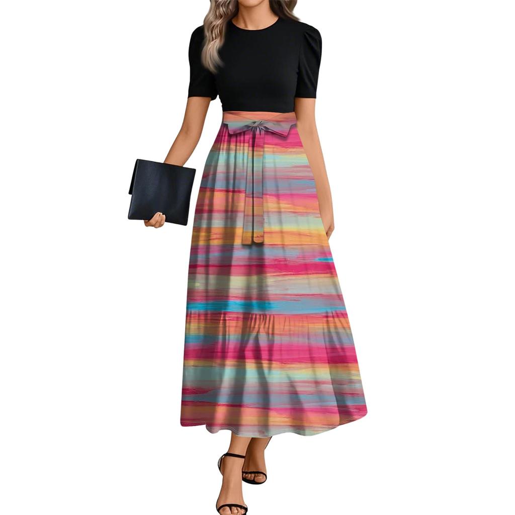Women's Fashion Casual Belted Short Sleeve Round Neck Geometric Splicing Elegant Temperament Dresses