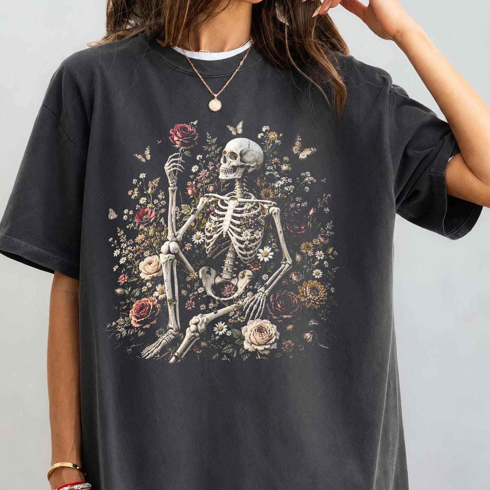 Dark Botanical Skeleton Shirt, Gothic Floral Skeleton Tee, Cottagecore Wildflower Graphic, Dark Academia Nature Lover Gift, Boho Art L