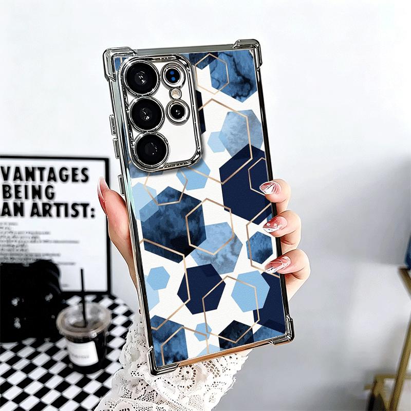 Geometric Marble Pattern Plating Phone Case For Samsung Galaxy S24 S25 FE S26 Edge S23 Ultra S22 S21 Plus S20 Anti-Fall Airabag