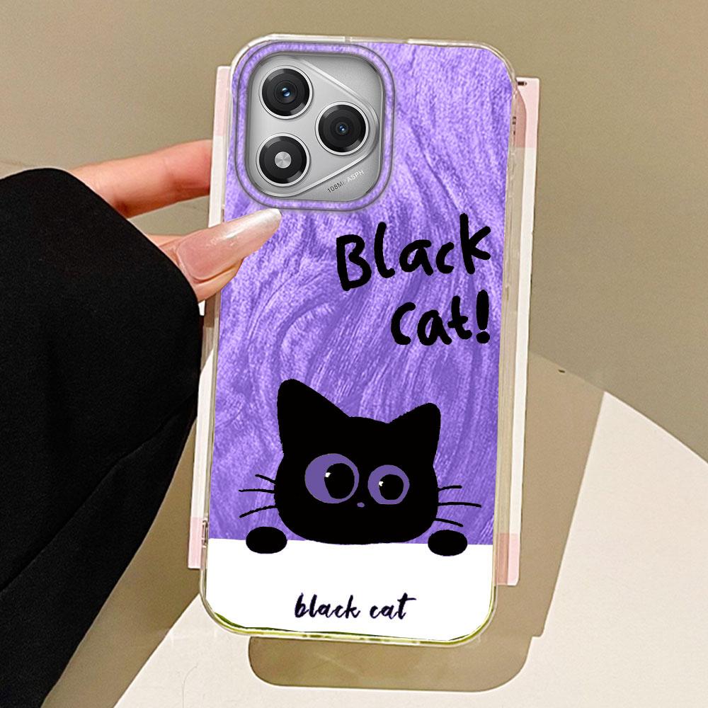 Green Cartoon Black Cat Camlet Texture Phone Case for Honor 400 200 Pro Magic7 6 5 Lite X9a X9c X8b X8a X8c Silicone Shell Cover