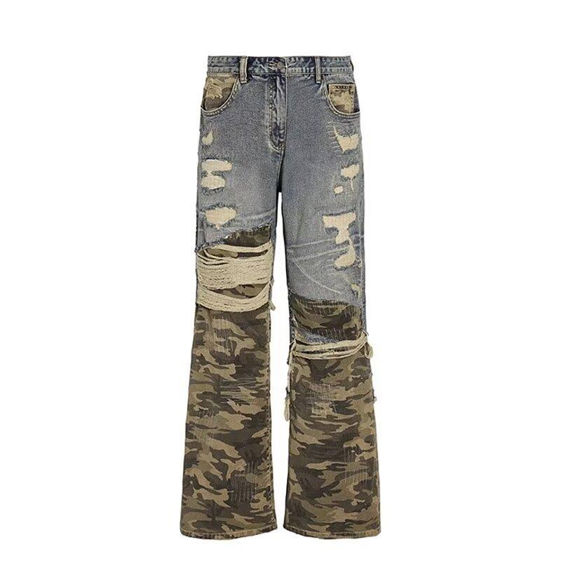 JYL Unisex Straight Jeans European Camo Patch Ripped Spring New Heavy Denim