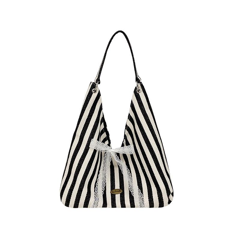 New Summer Striped Double Sided Shoulder Bag for Women with Bow Canvas Bag Casual Large Capacity Simple Letter Tote Bag