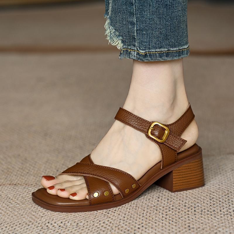 French Mid-heel Open-toe Sandals for Women's 2025 New Summer Fashion Cross-strap Commuting Chunk-heeled Anti-slip Women's Shoes