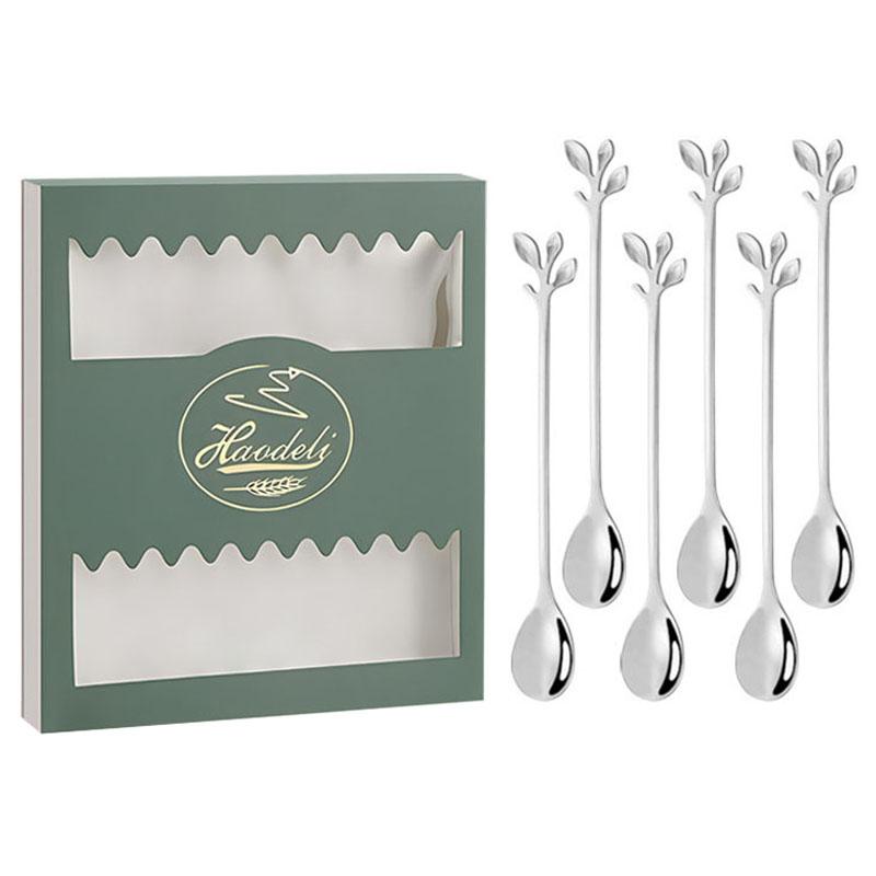 6PCS/Set Stainless Steel Leaf Shape Silver Dessert Spoons for Coffee Ice Cream Cake Teaspoon Set A
