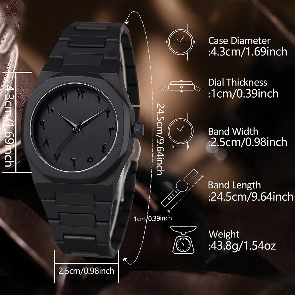 4PC Plastic Case Men's Watch Set Business Trend Black Round Dial Quartz Watch Bracelet Necklace Ring Set Perfect Gift