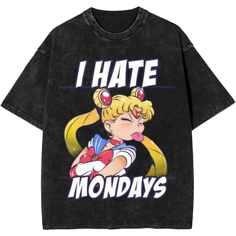 Sailors Moons Vintage Washed T Shirt  Women 100% Cotton Casual T-Shirt O Neck Anime Tees Short Sleeve Clothes Plus Size