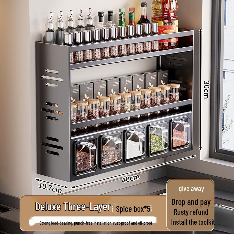 Punch-Free Wall-Mounted Kitchen Seasoning Rack with Jars and Condiment Set