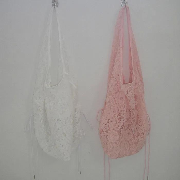 Floral Lace Shirring Shoulder Bag_Pink