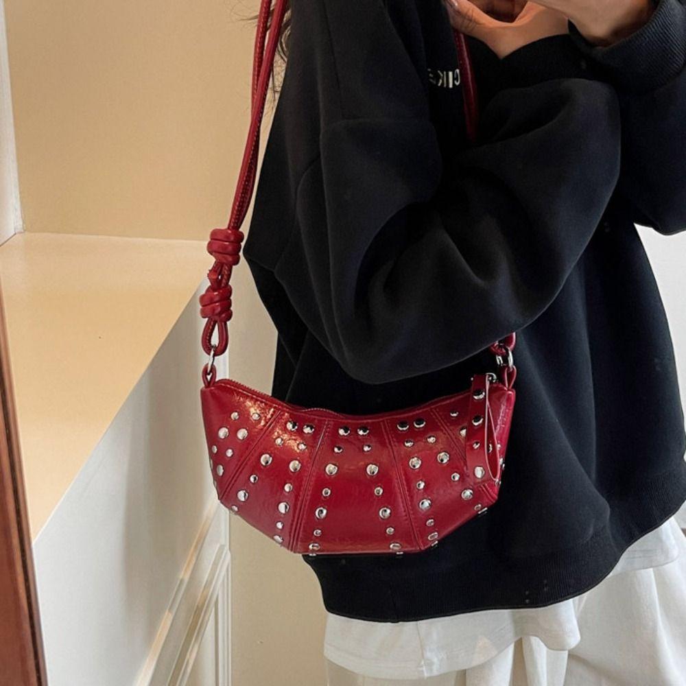 Crossbody Bag Rivets PU Dumplings Bag Small Pack Punk Style Handbags Croissant Shoulder Bag  Lady