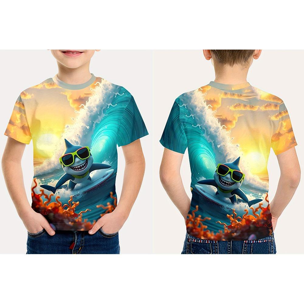 New Boys' 3D Digital Print T-Shirt, Wave/Shark/Sea Lion Design, Short-Sleeve Breathable, Perfect for Outdoor Activities Hot Sale