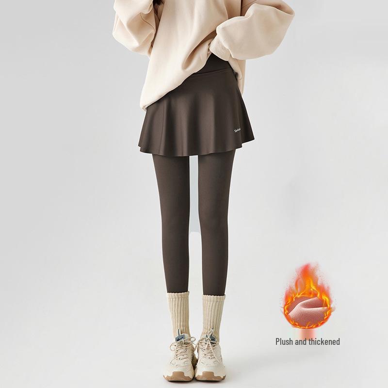 Women's Faux Two-Piece Fleece-Enhanced Shark Pants: Yoga-Style Pleated Skirt and Tights for Spring, Autumn, and Winter.