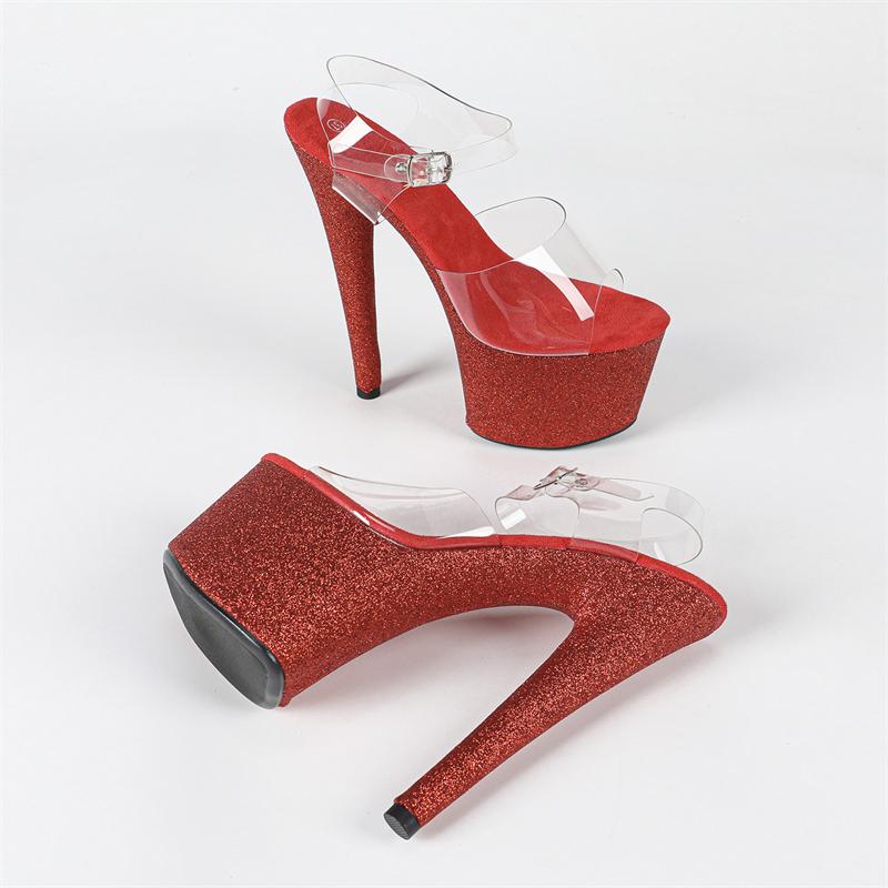 Eilyken Street Style Sequin Cloth PVC Transparent Buckle Strap Women Sandals Sexy Stiletto High Heels Stripper Prom Shoes