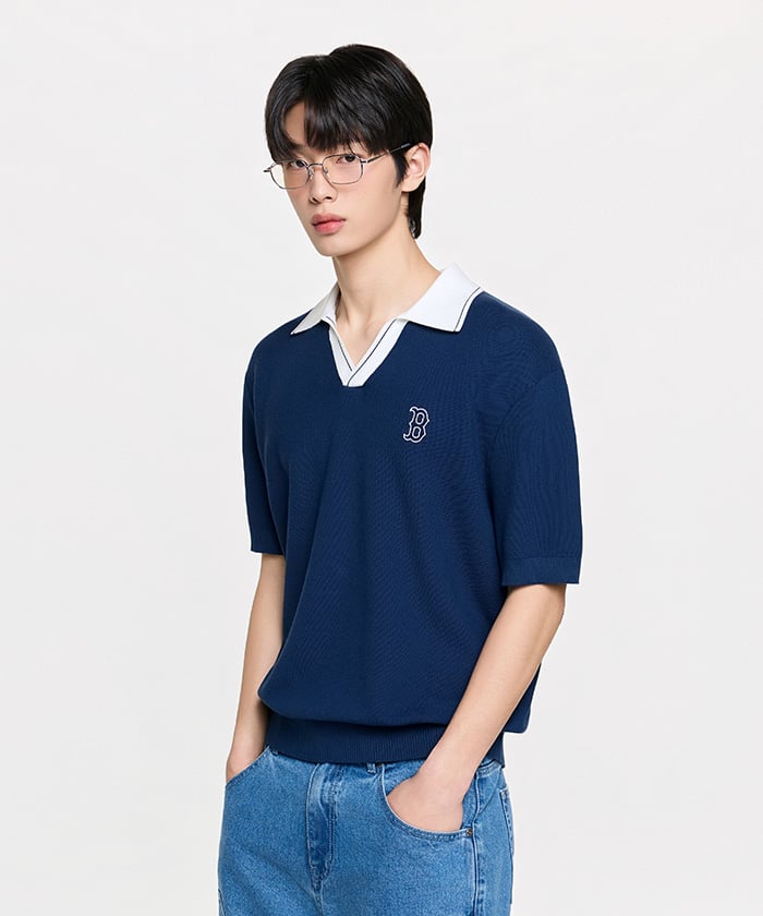 Emelbi Varsity Tuck Texture Open Collar Short Sleeve Knit Bos (D.Navy)