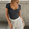Women's Short Sleeves Ribbed Fitted Shirt Basic Notch Scoop V Neck Slim T Shirt Tops