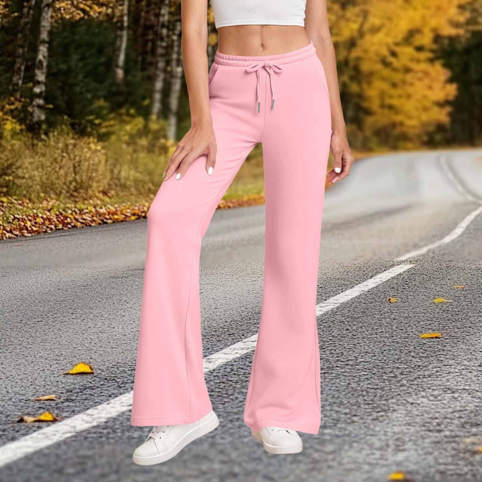

Women s Fashion -Color Elastic Waistband Pocket Drawstring Flared Sweatpants S рожевий