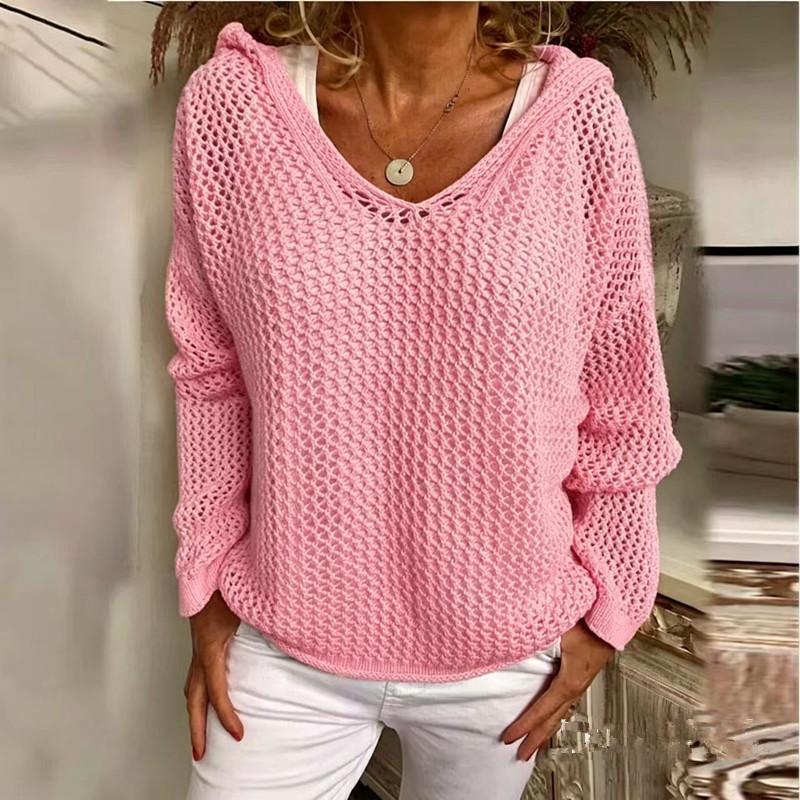 Women's Light Gray Hooded Knitted Sweater with Hollow Weave V Neck, Multiple Colors