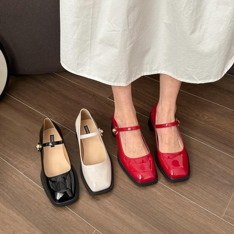 Fashion 2025 Line with High Heels Thick with Mary Jane Single Shoes 2025 New Square Head Large Size Women French Red Shoes
