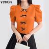 VONDA Summer Women Girls Short Sleeve Front Bow Knot Casual Cropped Elegant Blouse