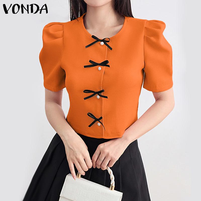VONDA Summer Women Girls Short Sleeve Front Bow Knot Casual Cropped Elegant Blouse