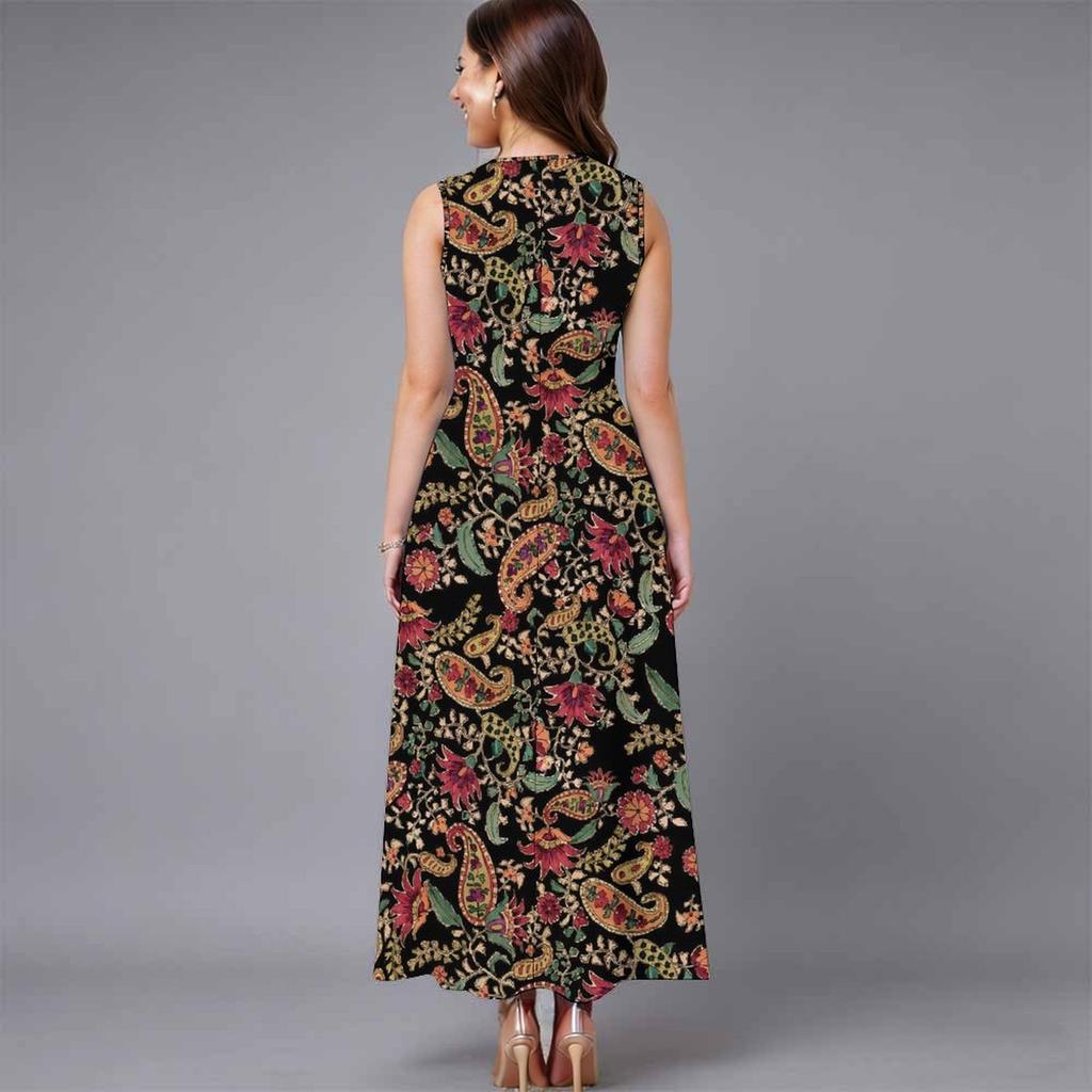 Women Plus Size Sleeveless Crew Neck Dress Watercolor Floral Printed Loose Midi Dress For Vacation Daily Wear