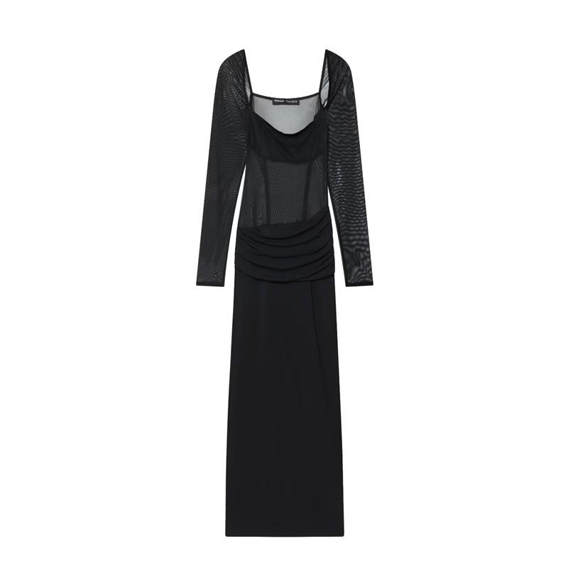 Winter 2025 European & American Style Long Sleeve Square Neck Patchwork Dress Large чёрный