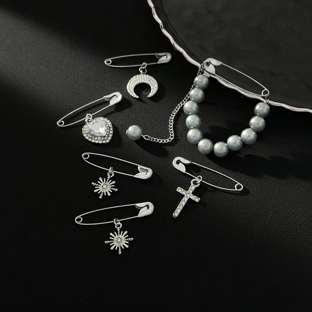 SHIXIN 6 Pcs/Set Trendy Imitation Pearl Brooches for Women Sun Moon Love Heart Cross Pendant Brooch Pins Clothes DIY Accessory