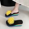 2025 summer new fashion slippers women's one-word thick-soled wedge heel flowers wear holiday wind seaside beach shoes women