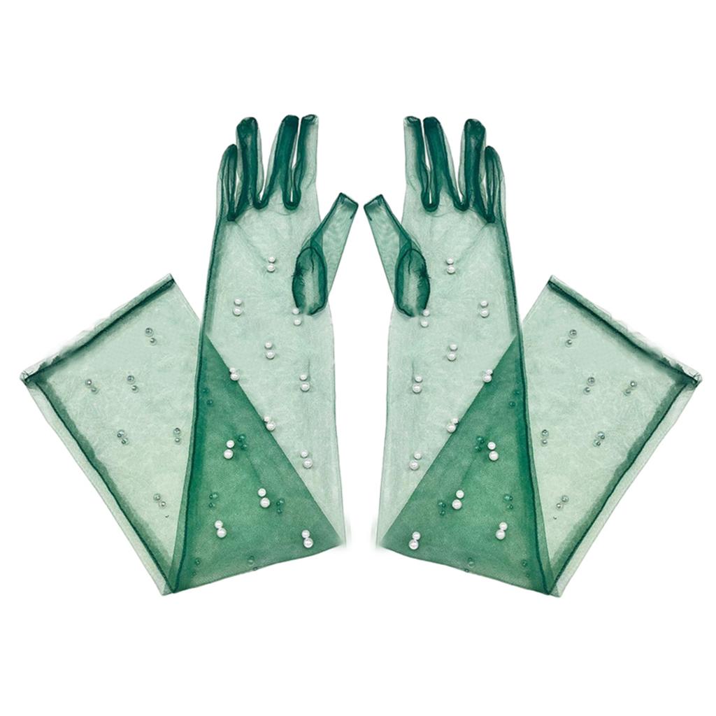 Wedding Tulle Gloves Pearls Studded Full Finger Gloves Elbow Length Gloves for Wedding Engagement Bachelorette Party