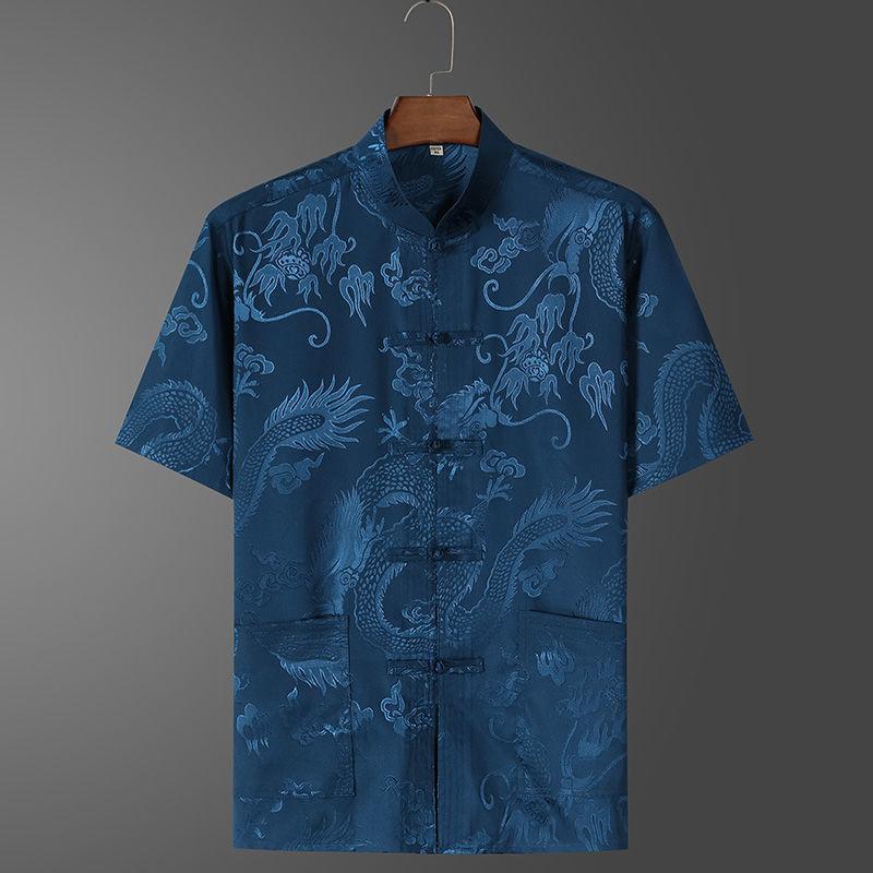 Chinese Stand Collar Ice Silk Tang Suit Men Short Sleeve Vintage Hanfu Clothing Hand Button Cheongsam Casual Dragon Kong Fu Clothes