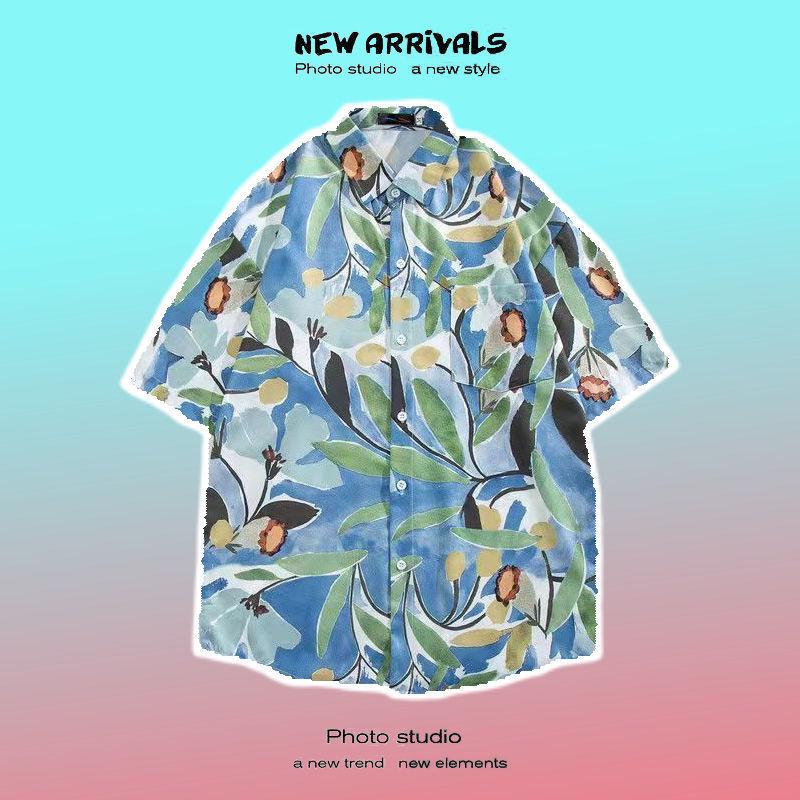 Pánská košile s krátkým rukávem v retro květinovém stylu ve stylu Hongkongu - Havajský design, Rebelská, Všestranná, Volný střih, Letní nošení, Ideální pro páry.