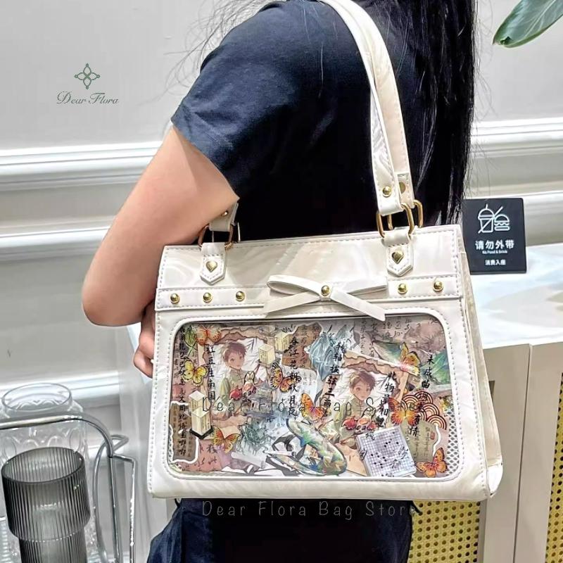 Y2k Women Vintage Ita Shoulder Bag Lolita Girl Transparent Pocket Fashion Aesthetic Crossbody Bags Cute Bow DIY Display Handbags