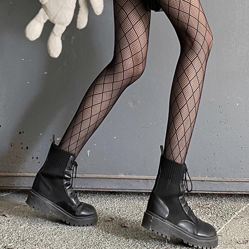 Women Diamond Rhombus Stockings Retro Sexy Hollow Out Stocking Black Pantyhose Nylon Patterned Socks Fishnet Tights