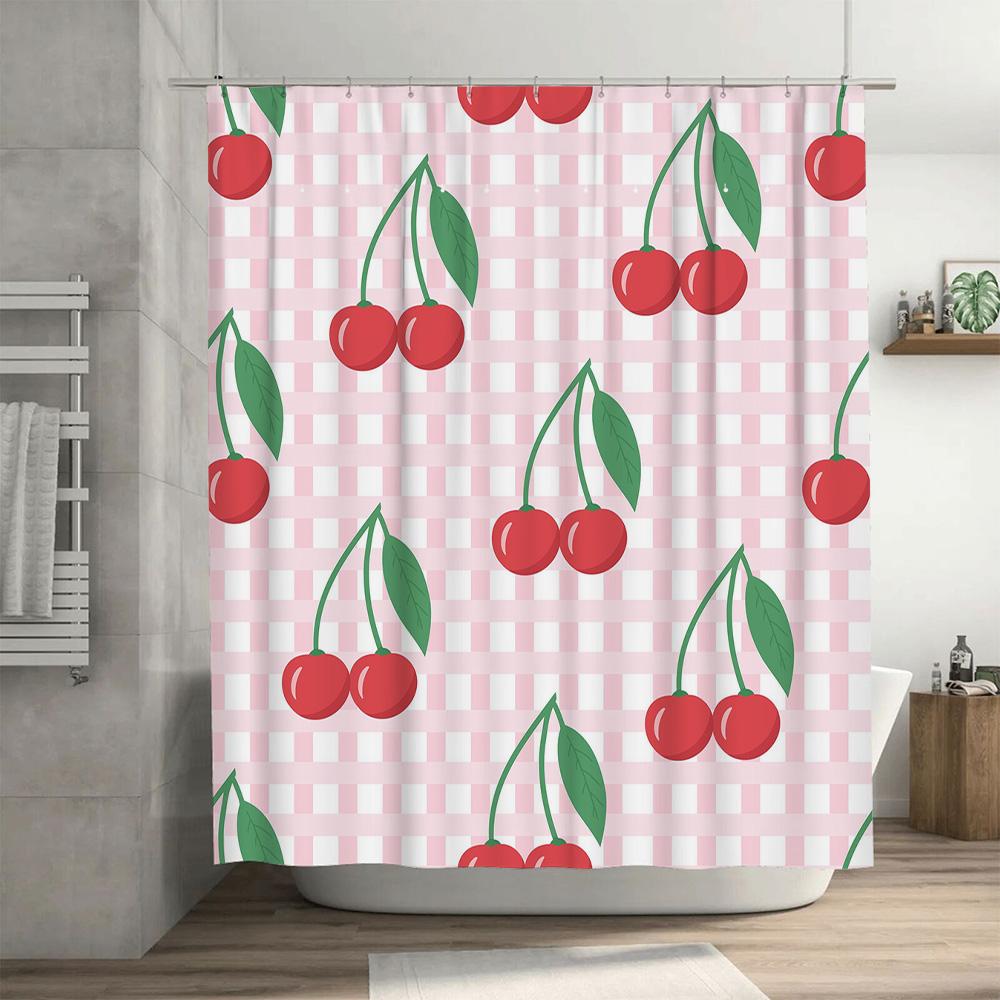 Fruit Shower Curtain Red Cherries Gingham Check Pattern for Bathroom Decor