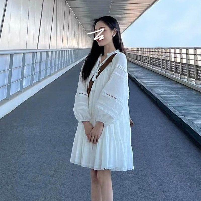 Women's French White Puff Sleeve Shirt Dress - Petite & Tall, Long Sleeve, Spring/Autumn Holiday Style