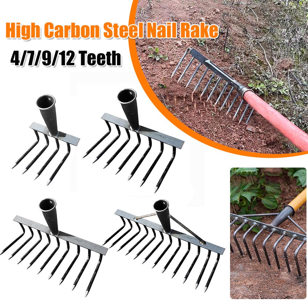 High Carbon Steel Nail Rake Multifunctional 4/7/9/12 Teeth Gardening Weeding Rake Labour-Saving Loose Soil Nail Rake Garden Tool